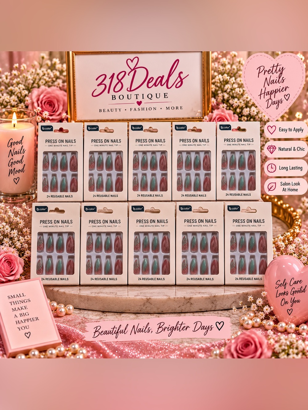 Press-On Nail Set in Teal & Mauve set of 10